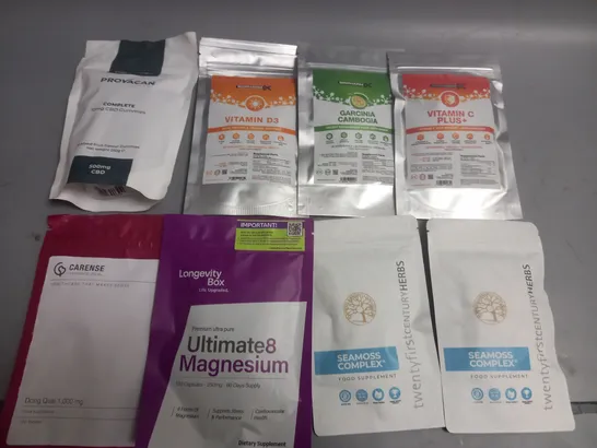 LOT OF 8 ASSORTED FOOD SUPPLEMENTS TO INCLUDE CBD GUMMIES, SEAMOSS COMPLEX, DONG QUAI AND GARCINIA CAMBOGIA