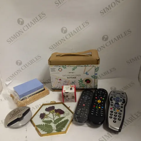 BOX OF APPROXIMATELY 15 ASSORTED HOUSEHOLD ITEMS TO INCLUDE NATURE EXPLORER SUITCASE, KNIFE SHARPENING BLOCK, VARIOUS SET TOP REMOTE CONTROLS ETC 