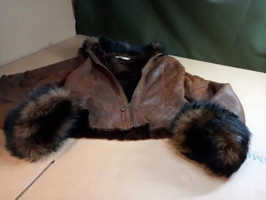 ELTIC SHEEPSKIN BROWN FAUX FURED WOMENS JACKET - SIZE 8