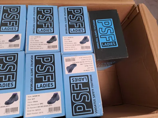 BOX OF APPROXIMATELY 8 BOXED PAIRS OF PSF LADIES SAFETY BOOTS IN BLACK SIZE 4