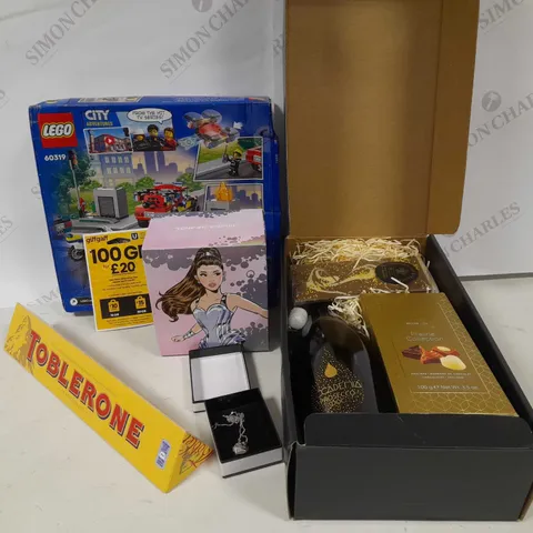 APPROXIMATELY 14 ASSORTED PRODUCTS TO INCLUDE; FOOTBALL DRINKS BOTTLE, HUGO BOSS BOTTLED 50ML AFTERSHAVE, FIRE RESCUS AND POLICE CHASE LEGO, GIFFGAFF 100GB DATA, KIDS WOODEN SWEET BOX AND BARBOUR HIM 