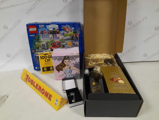 APPROXIMATELY 14 ASSORTED PRODUCTS TO INCLUDE; FOOTBALL DRINKS BOTTLE, HUGO BOSS BOTTLED 50ML AFTERSHAVE, FIRE RESCUS AND POLICE CHASE LEGO, GIFFGAFF 100GB DATA, KIDS WOODEN SWEET BOX AND BARBOUR HIM  RRP £360