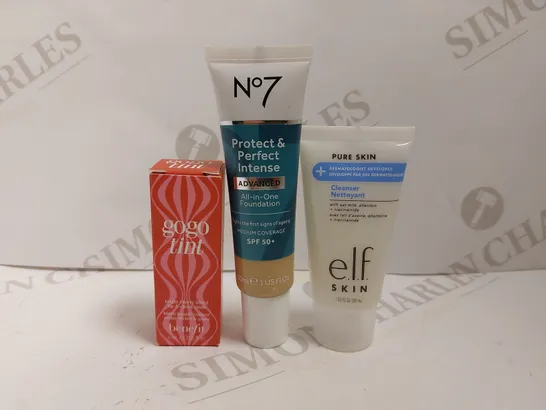 3 COSMETIC ITEMS TO INCLUDE NO.7 PROTECT&PERFECT FOUNDATION, ELF CLEANSER AND BENEFIT GOGO TINT LIP&CHEEK STAIN