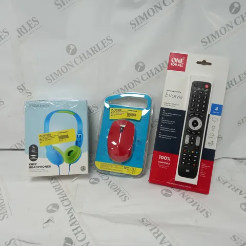 APPROXIMATELY 20 ASSORTED ITEMS TO INCLUDE KIDS' HEADPHONES, WIRELESS MOUSE, UNIVERSAL REMOTE ETC. 