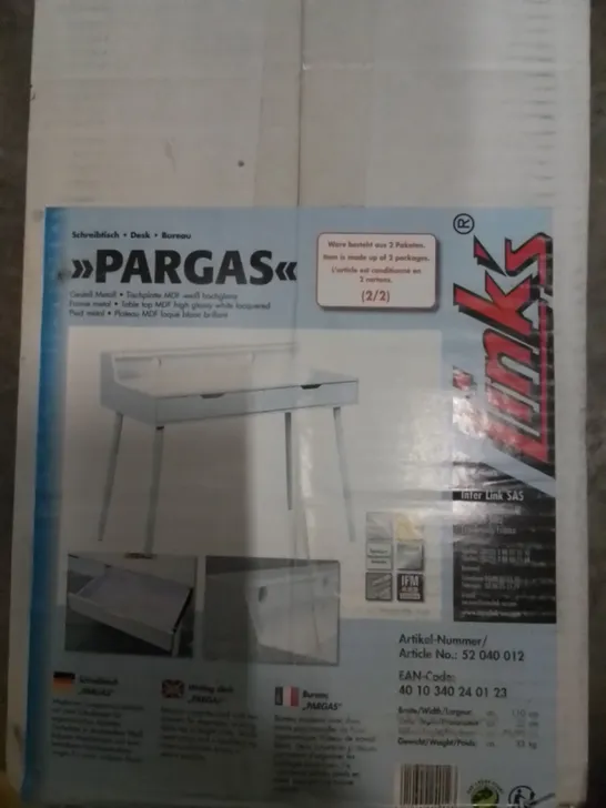 BOXED PARGAS DESK (INCOMPLETE, BOX 2 OF 2 ONLY)