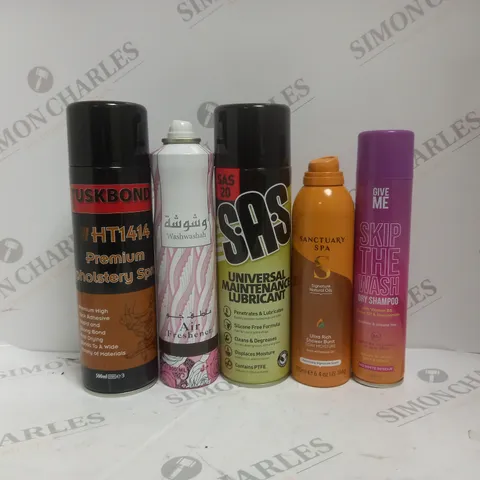 BOX OF APPROX 15 ASSORTED AEROSOLS TO INCLUDE - GIVE ME SKIP THE WASH DRY SHAMPOO - SANCUARY SOA RICH SHOWER BURST - SAS UNIVERSAL MAINTENANCE LUBRICANT ECT