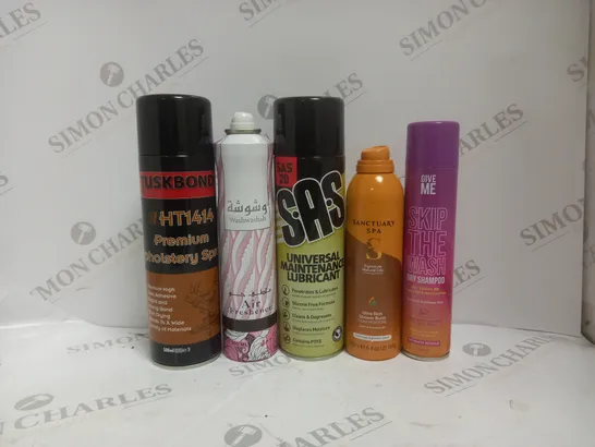 BOX OF APPROX 15 ASSORTED AEROSOLS TO INCLUDE - GIVE ME SKIP THE WASH DRY SHAMPOO - SANCUARY SOA RICH SHOWER BURST - SAS UNIVERSAL MAINTENANCE LUBRICANT ECT