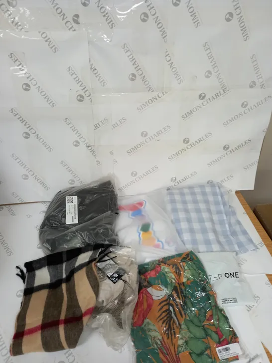 LARGE BOX OF ASSORTED CLOTHING ITEMS IN VARIOUS COLOURS AND SIZES INCLUDING TROUSERS , TOPS AND JUMPERS 