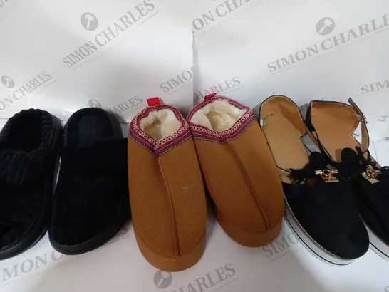 BOX OF ASSORTED SHOES TO INCLUDE SLIPPERS HEELS , SANDALS ,,