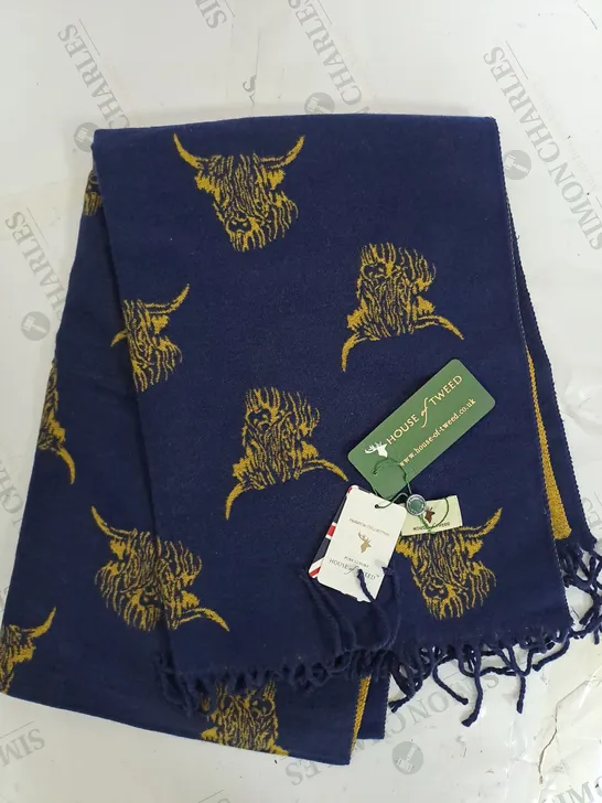 HOUSE OF TWEED SHAWL SCARF IN NAVY/YELLOW 