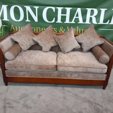 DESIGNER MAHOGANY FRAMED SOFA IN LAID WITH LIGHT BROWN FABRIC