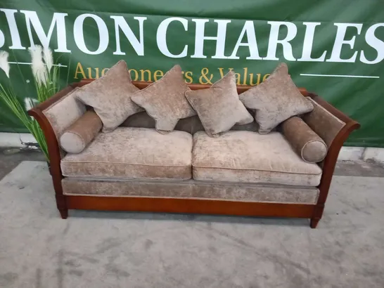 DESIGNER MAHOGANY FRAMED SOFA IN LAID WITH LIGHT BROWN FABRIC