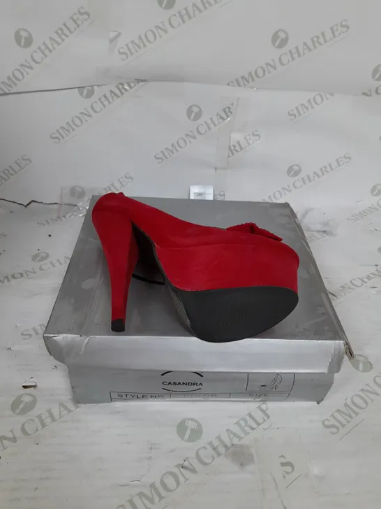 BOXED PAIR OF CASANDRA PLATFORM STILLETO HEEL IN RED SUEDE WITH RHINESTONE BOW DETAIL SIZE 5