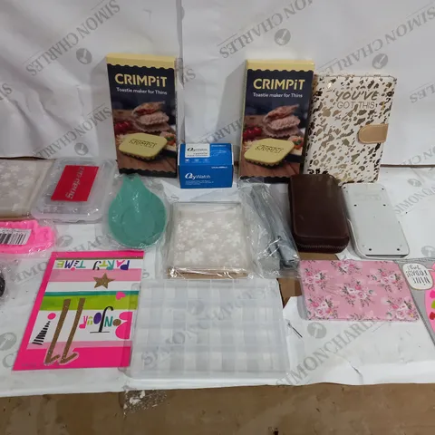 BOX OF ASSORTED HOUSEHOLD ITEMS TO INCLUDE WATCH REPAIR KIT, CRIMPITS AND ASSORTED CARDS