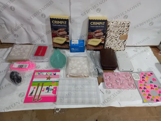 BOX OF ASSORTED HOUSEHOLD ITEMS TO INCLUDE WATCH REPAIR KIT, CRIMPITS AND ASSORTED CARDS