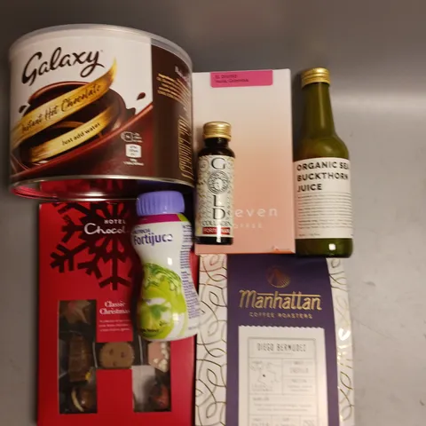 BOX OF APPROX 10 ASSORTED FOOD ITEMS TO INCLUDE - MANHATTEN COFFE ROASTERS - SWEVEN COFFEE - GALAXY INSTANT HOT CHOCOLATE ETC