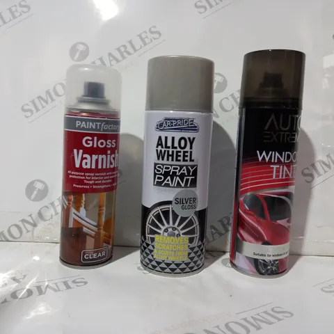 BOX OF APPROXIMATELY 10 ASSORTED HOUSEHOLD ITEMS TO INCLUDE AUTO EXTREME WINDOW TINT, ALLOY WHEEL SPRAY PAINT, GLOSS VARNISH, ETC