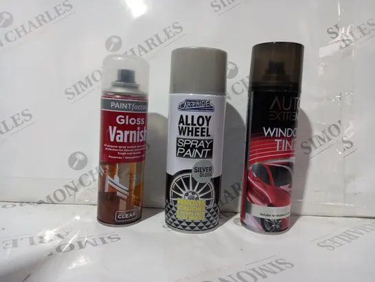 BOX OF APPROXIMATELY 10 ASSORTED HOUSEHOLD ITEMS TO INCLUDE AUTO EXTREME WINDOW TINT, ALLOY WHEEL SPRAY PAINT, GLOSS VARNISH, ETC