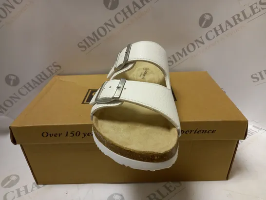 BOXED CUSHION WALK DOUBLE BUCKLE MULES, WHITE - SIZE 5 