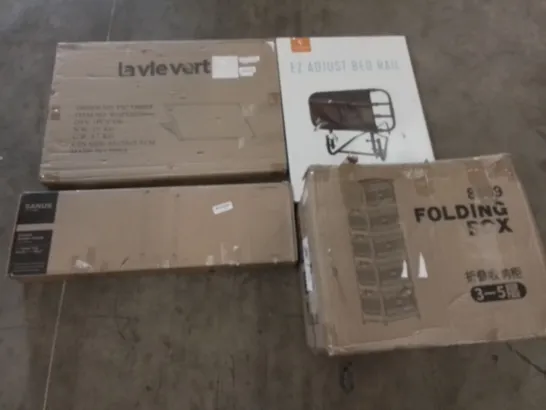 PALLET OF UNPROCESSED ITEMS TO INCLUDE FOLDING BOXES, ADJUST BED RAIL, AND LAVIEVERT WHITEBOARD