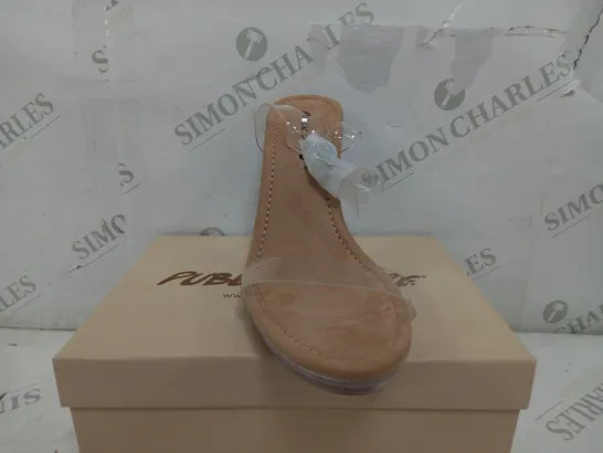 BOXED PAIR OF PUBLIC DESIRE HIGH HEEL CLEAR NUDE OPEN TOE SHOES - UK 8