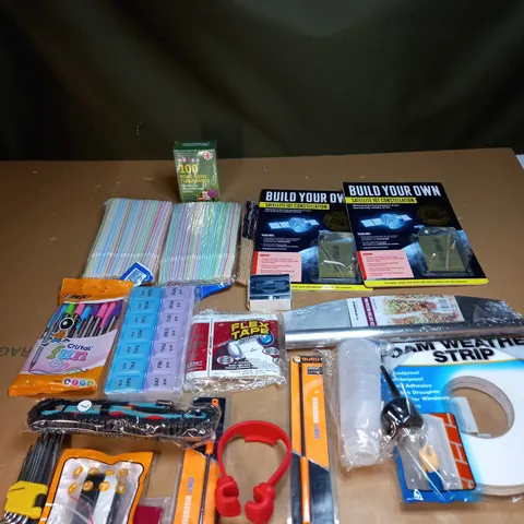 LOT OF ASSORTED HOUSEHOLD ITEMS TO INCLUDE TOOLS, BIC PENS AND FOAM WEATHER STRIPS