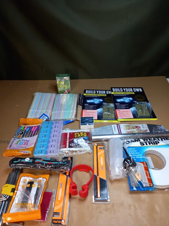 LOT OF ASSORTED HOUSEHOLD ITEMS TO INCLUDE TOOLS, BIC PENS AND FOAM WEATHER STRIPS