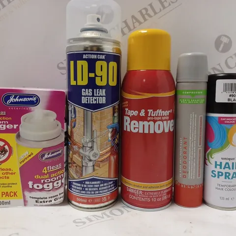 BOX OF APPROX 10 ASSORTED AEROSOLS TO INCLUDE LD-90 GAS LEAK DETECTOR, CORNERSTONE DEODORANT, UNIQUE HAIR SPRAY BLACK COLOUR, ETC 