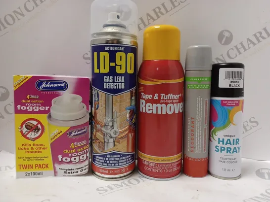 BOX OF APPROX 10 ASSORTED AEROSOLS TO INCLUDE LD-90 GAS LEAK DETECTOR, CORNERSTONE DEODORANT, UNIQUE HAIR SPRAY BLACK COLOUR, ETC 