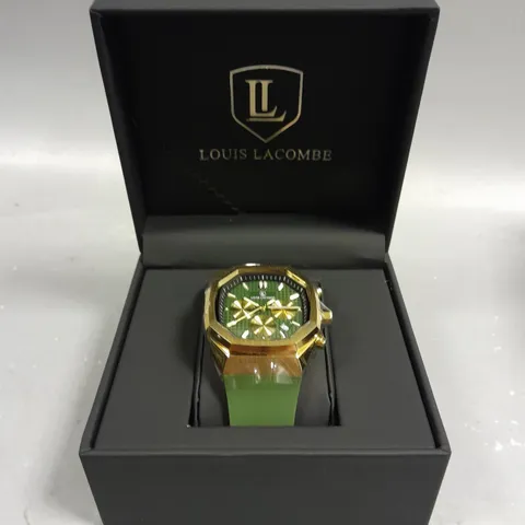 MENS LOUIS LACOMBE CHRONGRAPH WATCH – 3 SUB DIALS – GOLD COLOUR CASE – GREEN RUBBER STRAP