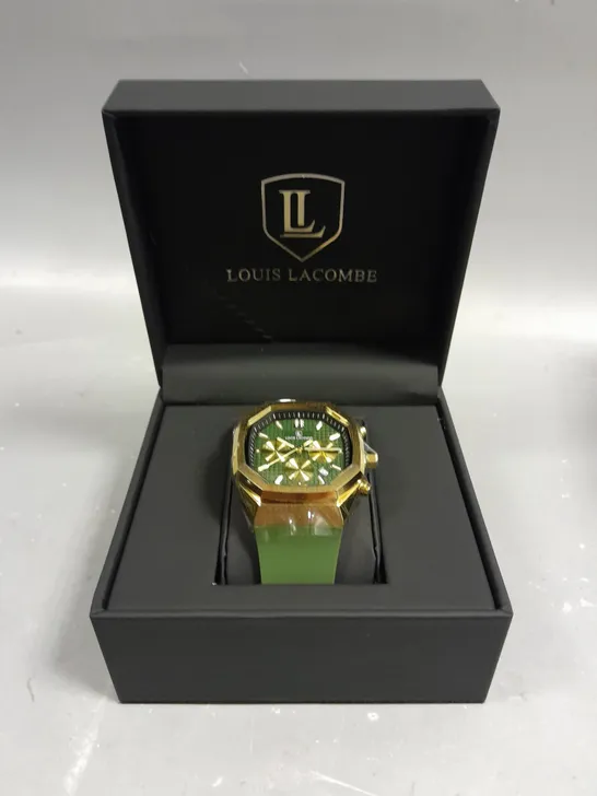 MENS LOUIS LACOMBE CHRONGRAPH WATCH – 3 SUB DIALS – GOLD COLOUR CASE – GREEN RUBBER STRAP