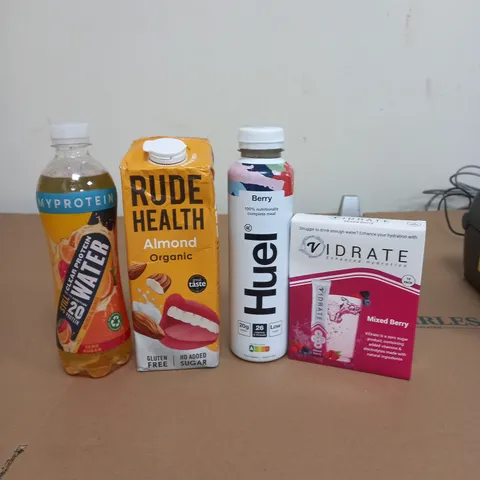 APPROXIMATELY 20 DRINKS ITEMS TO INCLUDE ALMOND MILK, HUEL AND MYPROTEIN WATER