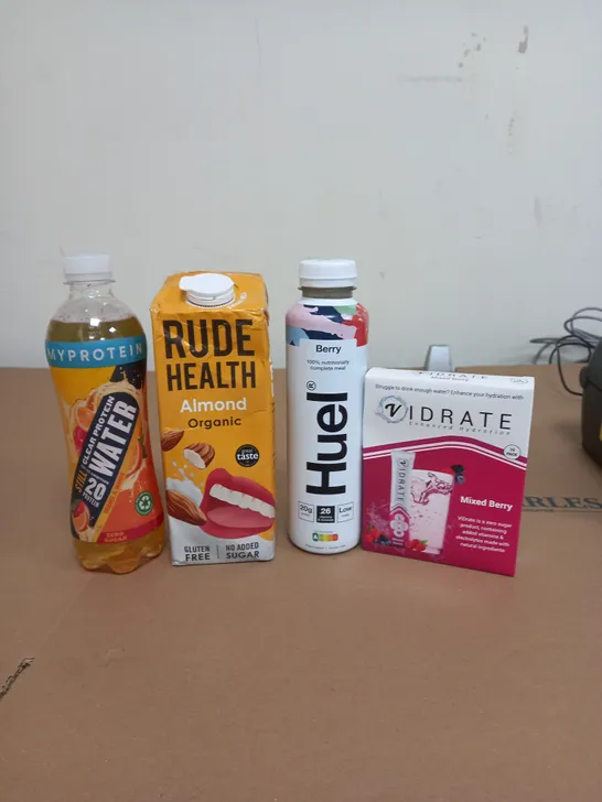 APPROXIMATELY 20 DRINKS ITEMS TO INCLUDE ALMOND MILK, HUEL AND MYPROTEIN WATER