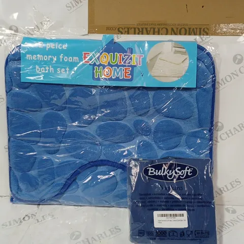 BOX OF APPROXIMATELY 10 ASSORTED HOUSEHOLD ITEMS TO INCLUDE BULKYSOFT NAPKINS, 2 PIECE MEMORY FOAM BATH SET, ETC