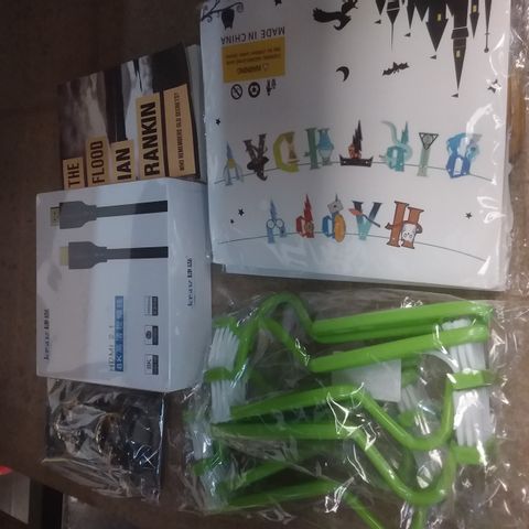 BOX OF ASSORTED HOMEWARE ITEMS TO INCLUDE HDMI CABLES, BIRTHDAY DECOR, CLEANING BRUSHES ECT