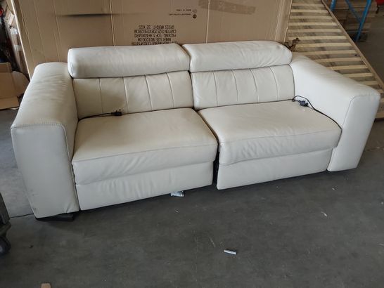 DESIGNER DOUBLE POWER RECLINING THREE SEATER SOFA CREAM LEATHER WITH ADJUSTABLE HEADRESTS 