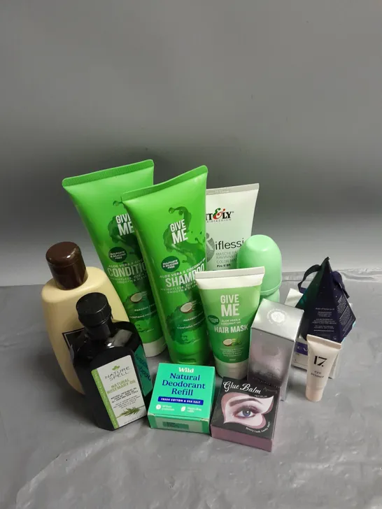 BOX OF APPROXIMATELY 15 COSMETIC ITEMS TO INCLUDE - MITCHUM DEODERANT - NATURE SPELL ROSEMARY OIL - EDINBURGH NATURAL SKINCARE CO ANTI AGEING SERUM - ETC