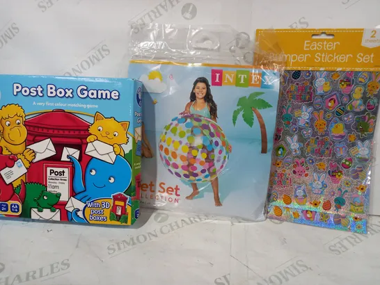 BOX OF APPROXIMATELY 10 ASSORTED TOYS AND GAMES TO INCLUDE EASTER BUMPER STICKER SET, INTEX WET SET COLLECTION, ORCHARD TOYS POST BOX GAME, ETC