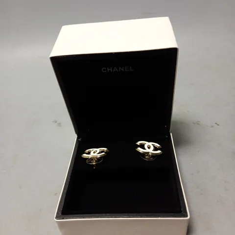 BOXED CHANEL CC WHITE ENAMEL REISSUED PIERCING EARRINGS