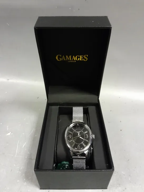 GAMAGES DUSK STEEL BLACK DIAL WATCH 