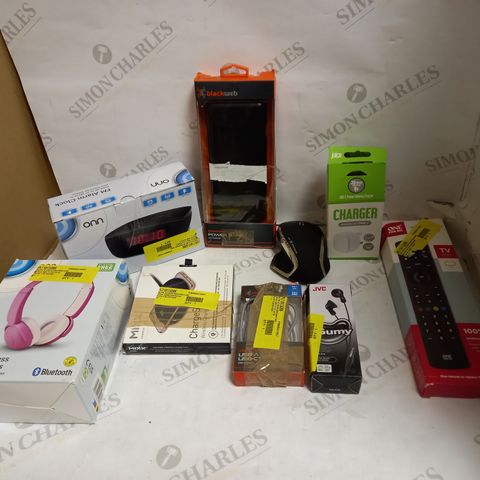 LOT OF ASSORTED ITEMS TO INCLUDE HEADPHONES, UNIVERSAL REMOTES AND PHONE CHARGERS