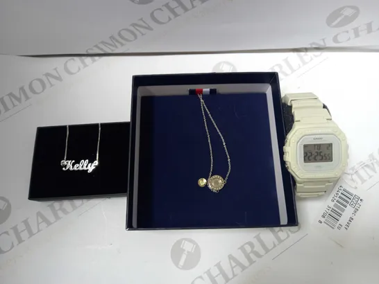 BOX OF 3 ITEMS TO INCLUDE PERSONALISED STERLING SILVER SCRIPT NAME NECKLACE, TOMMY HILLFIGER CLASSIC SILVER PLATED NECKLACE, CASIO COLLECTION WHITE WATCH RRP £108