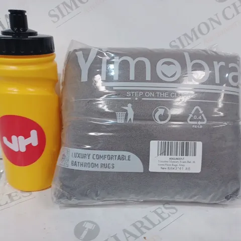 BOX OF APPROXIMATELY 15 ASSORTED HOUSEHOLD ITEMS TO INCLUDE DRINKS BOTTLE IN YELOW, YIMOBRA BATHROOM RUG IN GREY, ETC