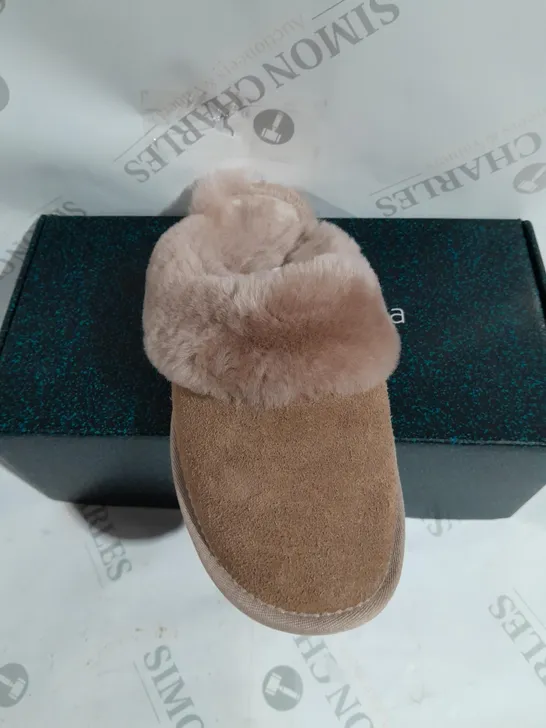 BOXED PAIR OF EMU NEST JOLIE SHEEPSKIN SLIPPERS IN CAMEL - SIZE 6