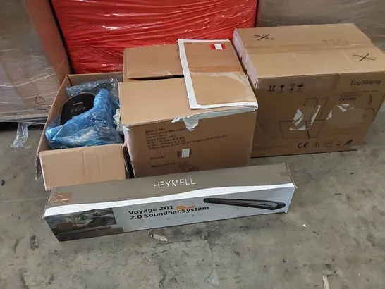 PALLET OF ASSORTED ITEMS INCLUDING: SOUNDBAR, VACUUM CLEANER, COOKER HOOD, BAR CHAIR