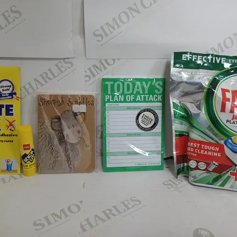 BOX OF APPROXIMATELY 15 ASSORTED ITEMS TO INCLUDE - FAIRY PLATINUM PLUS - GLUE STICK - WHITE TACK ETC