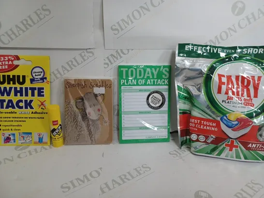 BOX OF APPROXIMATELY 15 ASSORTED ITEMS TO INCLUDE - FAIRY PLATINUM PLUS - GLUE STICK - WHITE TACK ETC