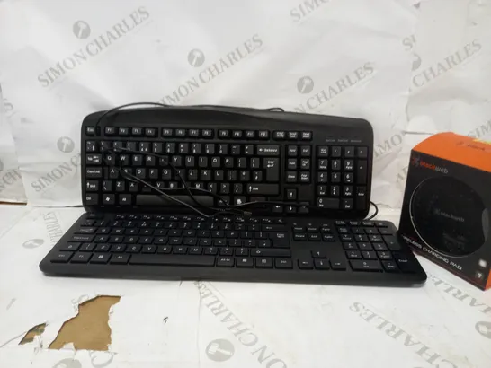 BOX OF APPROXIMATELY 3 PIECES OF TECH TO INCLUDE WIRELESS SILENT KEYBOARD, ONN WIRED KEYBOARD, BLACKWEB WIRELESS CHARGING PAD