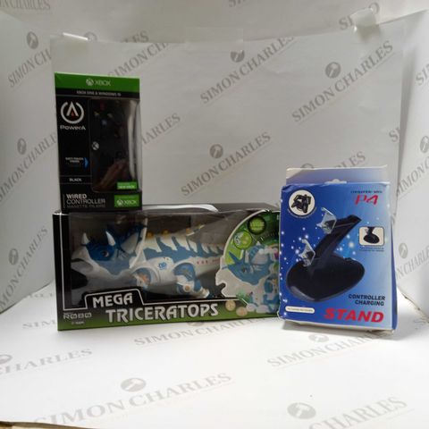 SET OF 3 TOYS TO INCLUDE POWER A WIRED CONTROLLER, VIVTAR ROBO MEGA TRICERATOPS AND CONTROLLER CHARGING STAND
