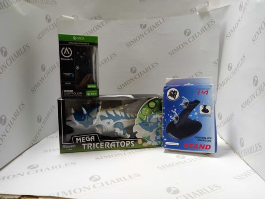 SET OF 3 TOYS TO INCLUDE POWER A WIRED CONTROLLER, VIVTAR ROBO MEGA TRICERATOPS AND CONTROLLER CHARGING STAND